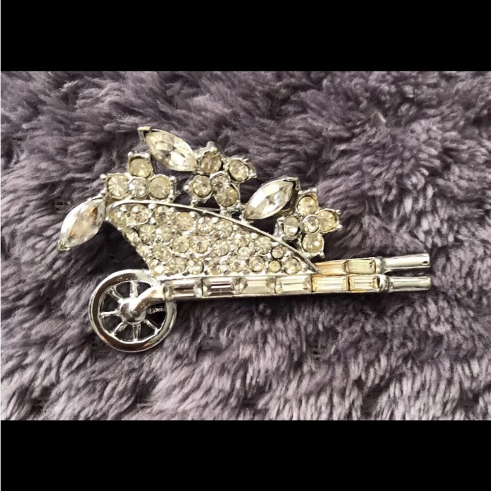 Vintage PELL BROACH Rhinestone WHEELBARROW Pin Flower Cart Brooch -